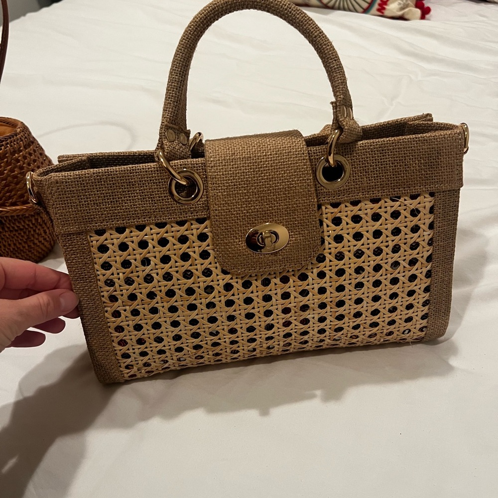 Elegant Tan and Cream Woven Handbag from Paris made in Morocco